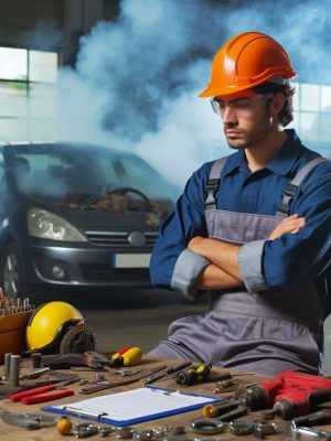 crear una imagen que represente la prevención de los riesgos laborales de un taller mecánico con vehículos