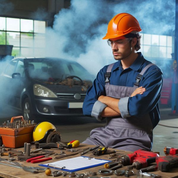 crear una imagen que represente la prevención de los riesgos laborales de un taller mecánico con vehículos